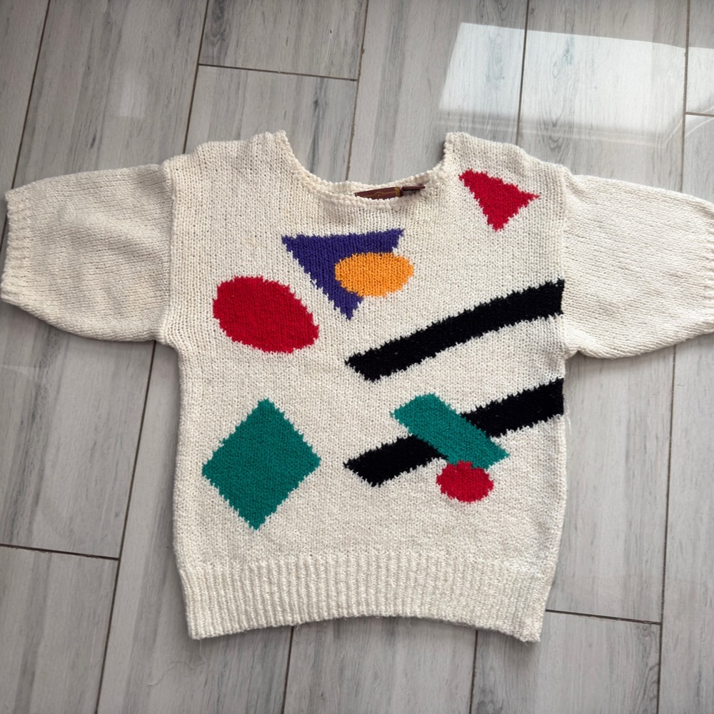 Vintage Worthington 80s Short Sleeve Sweater White Abstract Geometric PM